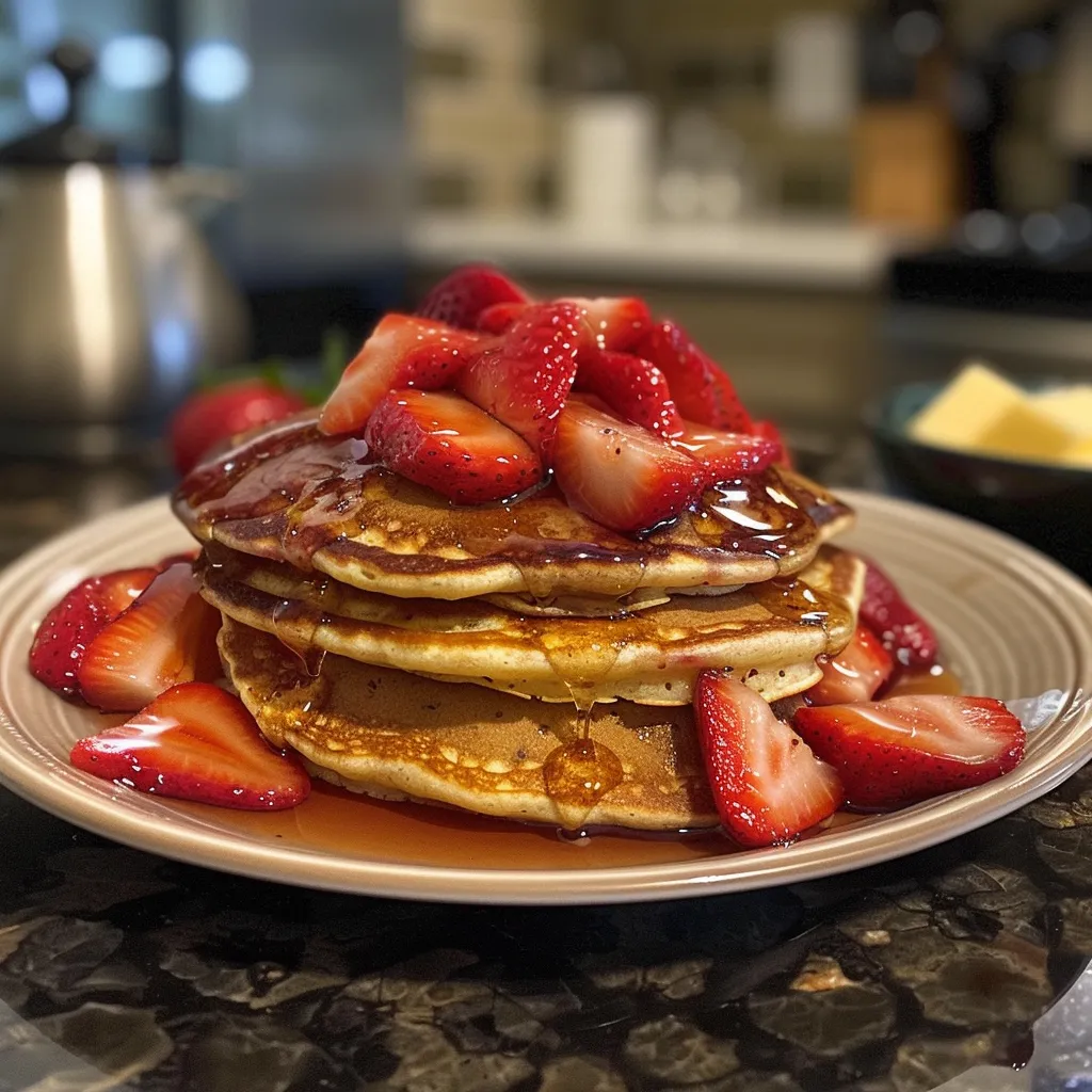 Juicy strawberry pancakes served with sliced strawberries and syrup.