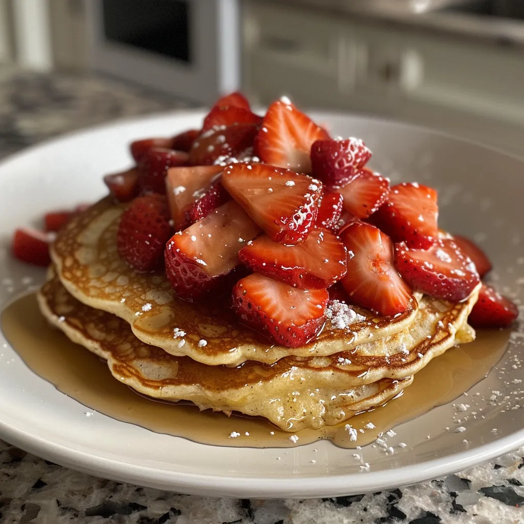 Thick pancakes with a vibrant pink hue from strawberry yogurt and fresh fruit.