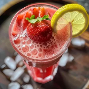 Side view of a fresh Strawberry Lemonade Mocktail garnished with strawberries and ice.