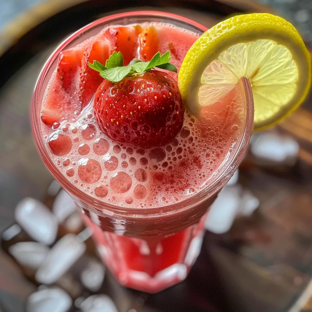 Side view of a fresh Strawberry Lemonade Mocktail garnished with strawberries and ice.