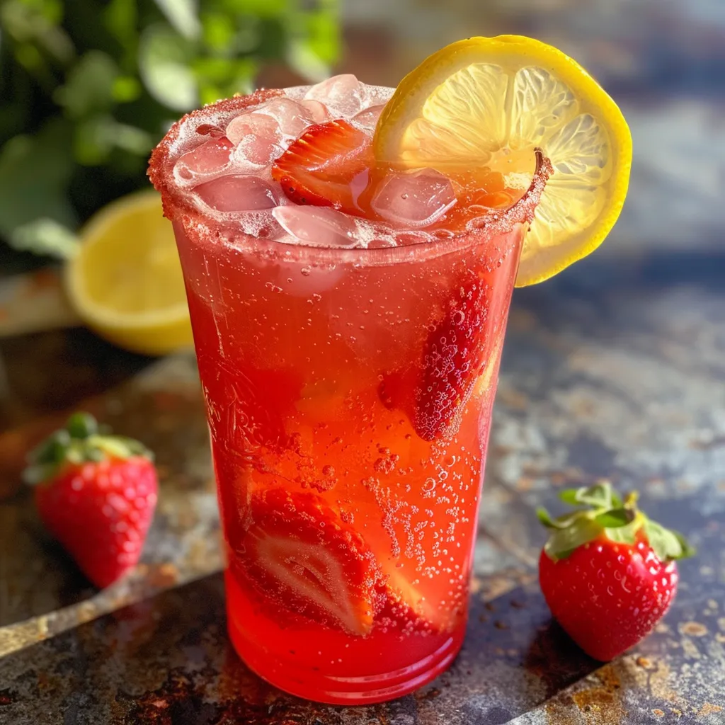 Close-up of a colorful Strawberry Lemonade Mocktail with ice cubes and lemon slices.