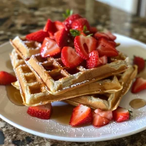 Delicious strawberry oat waffles drizzled with maple syrup and garnished with strawberries.