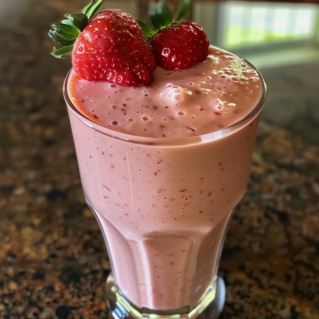Close-up view of a strawberry protein smoothie in a glass, showcasing vibrant red strawberries.