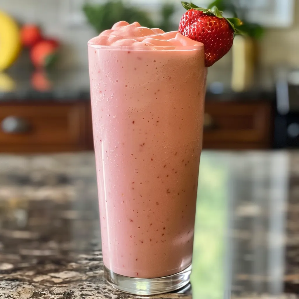 Side view of a thick, creamy strawberry protein smoothie with a straw, surrounded by fresh strawberries.
