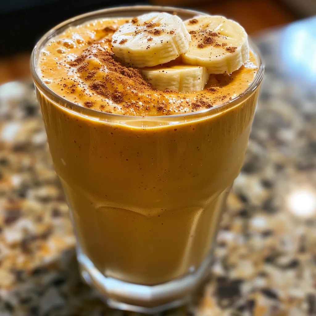 Close-up view of a creamy Sweet Potato and Banana Smoothie in a glass, highlighting its smooth texture.