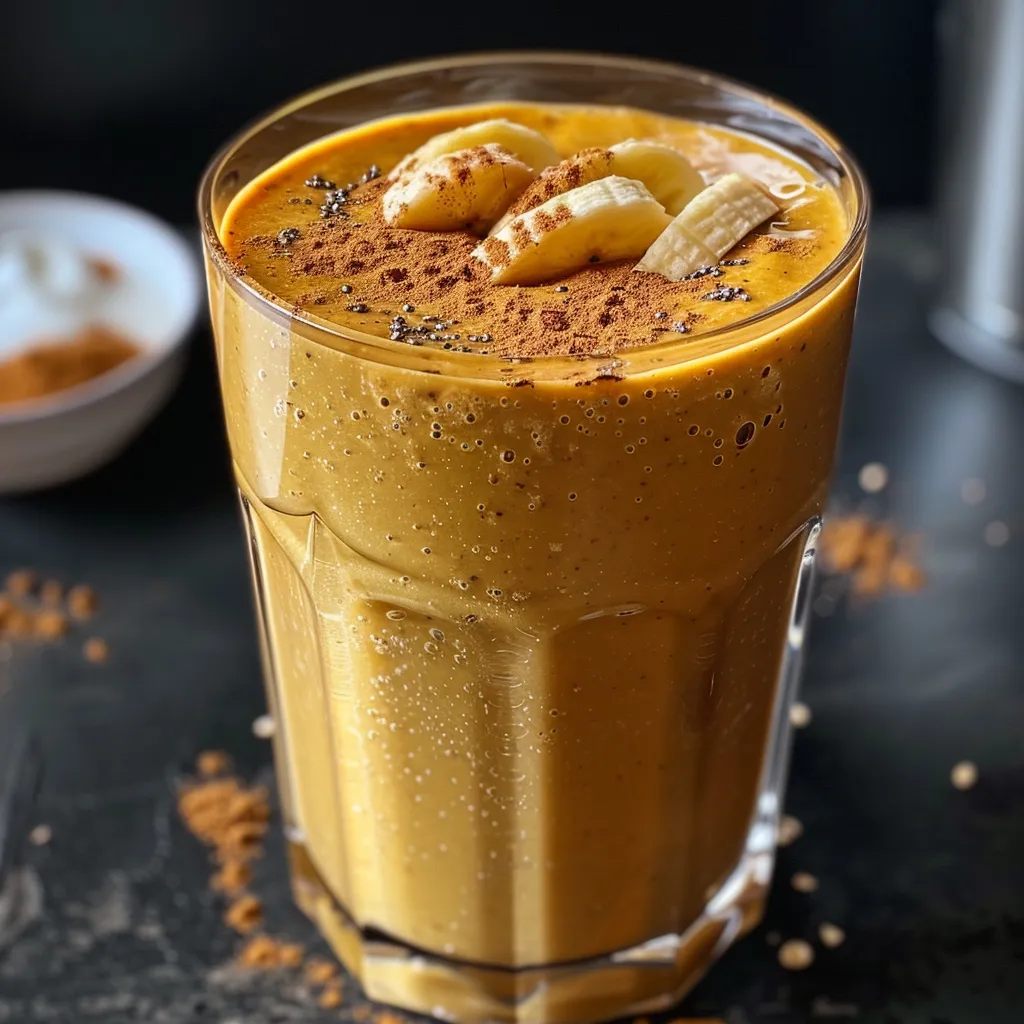 Side perspective of a delicious Sweet Potato and Banana Smoothie, showcasing vibrant colors and frothy top.