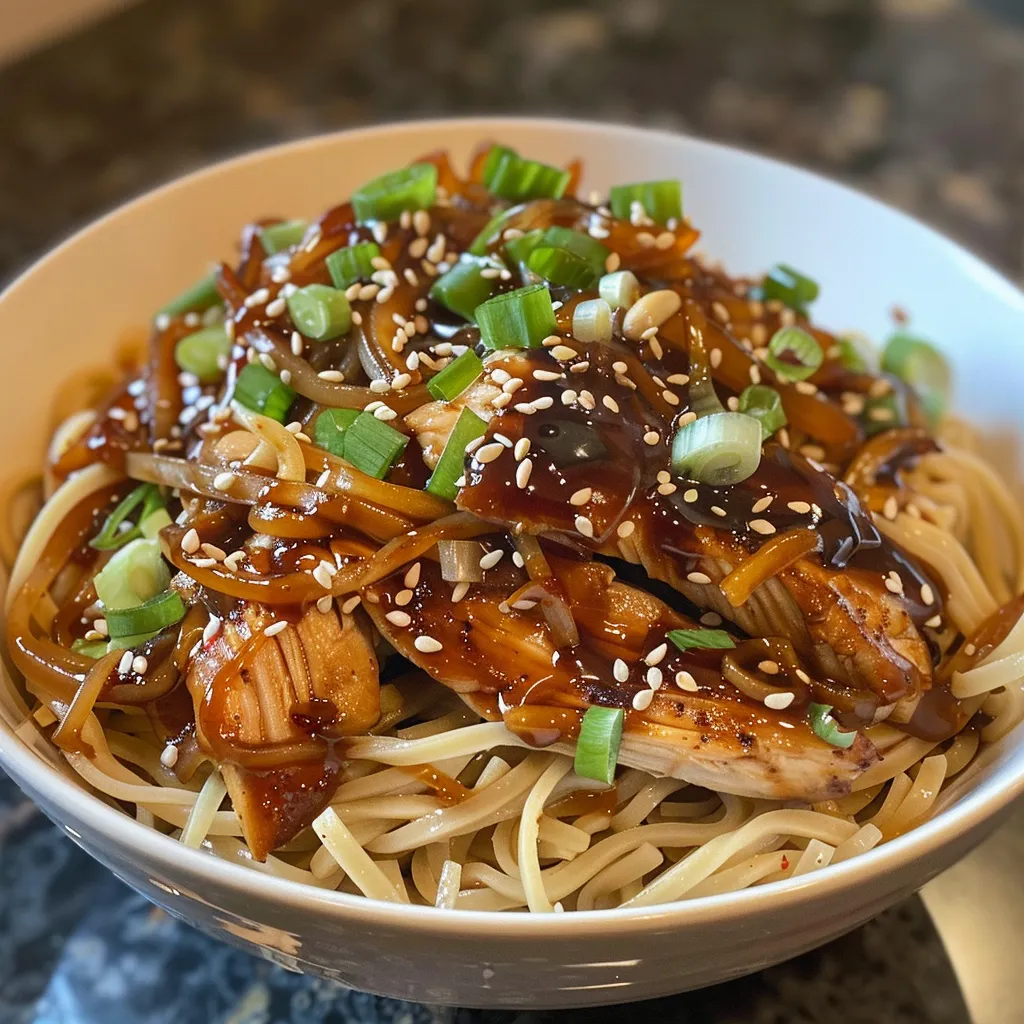 Close-up of juicy teriyaki chicken noodle bowl, featuring glazed chicken and colorful vegetables.