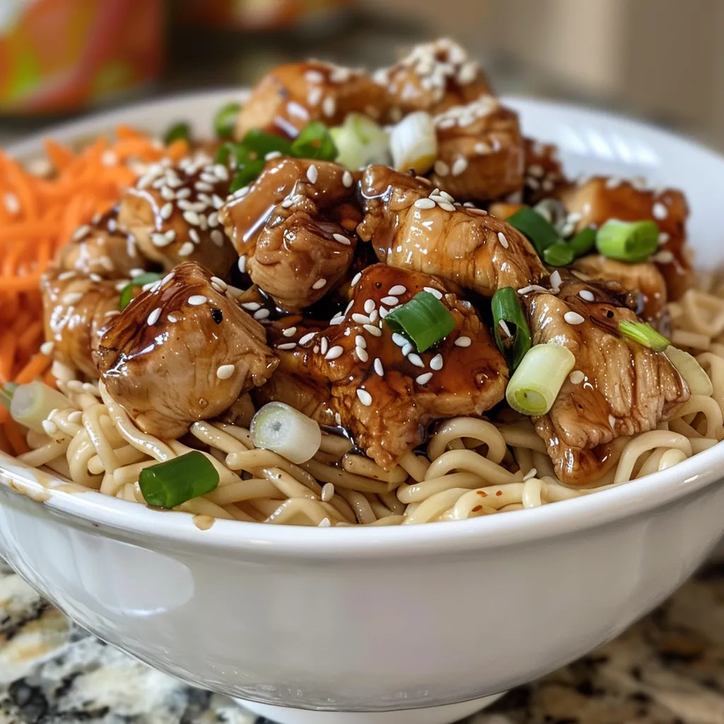 Side view of a bowl filled with teriyaki chicken, soba noodles, and garnishes of sesame seeds and scallions.