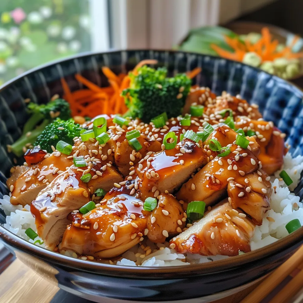 Juicy Teriyaki chicken served over rice with broccoli and carrots in a bowl.