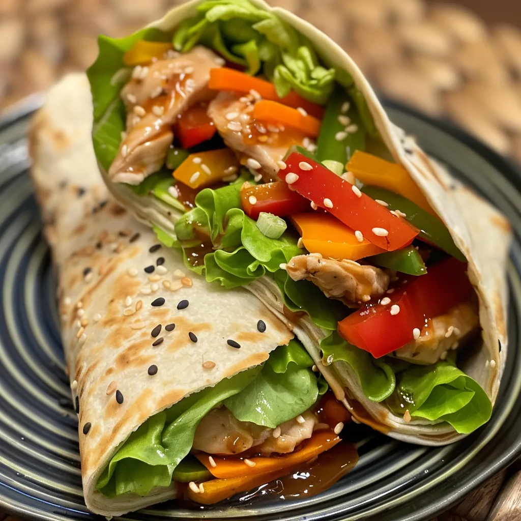 Close-up view of a juicy teriyaki chicken wrap filled with colorful vegetables.