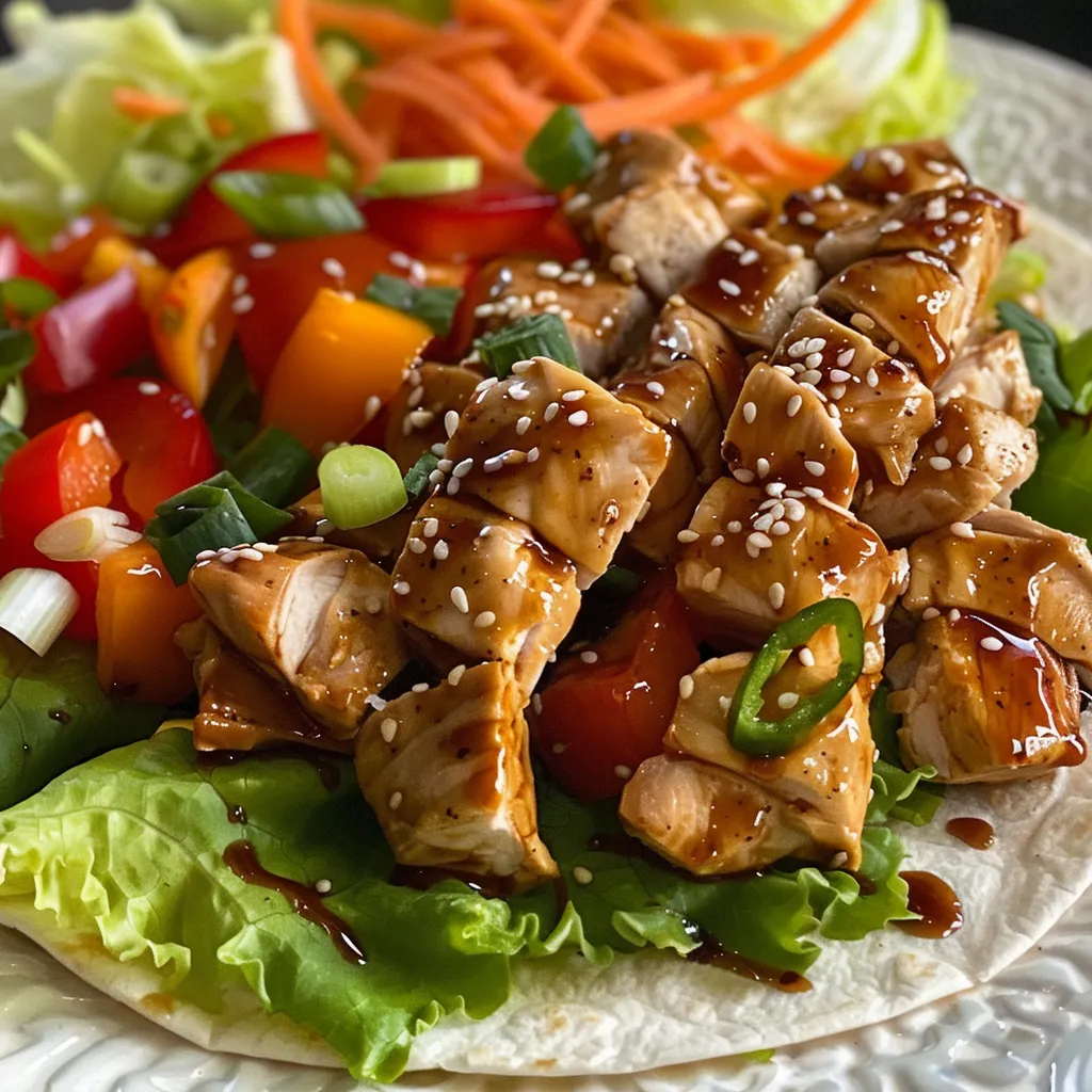 Side angle of a delicious teriyaki chicken wrap showcasing vibrant lettuce, carrots, and bell peppers.