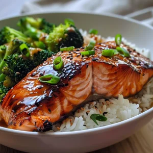 Close-up view of a Teriyaki salmon bowl with broccoli, rice, and garnishes.