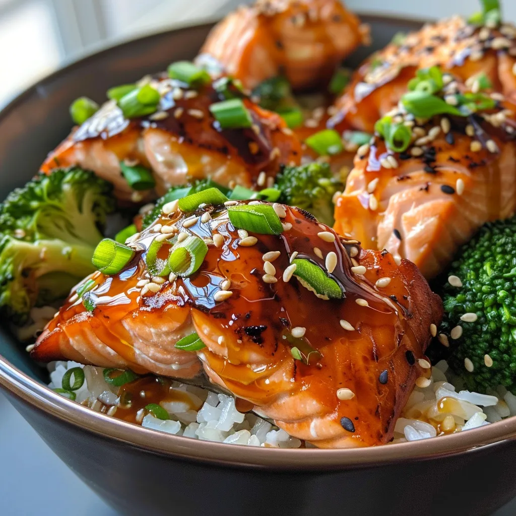 Side view of a delicious Teriyaki salmon bowl featuring broccoli and sesame seeds.