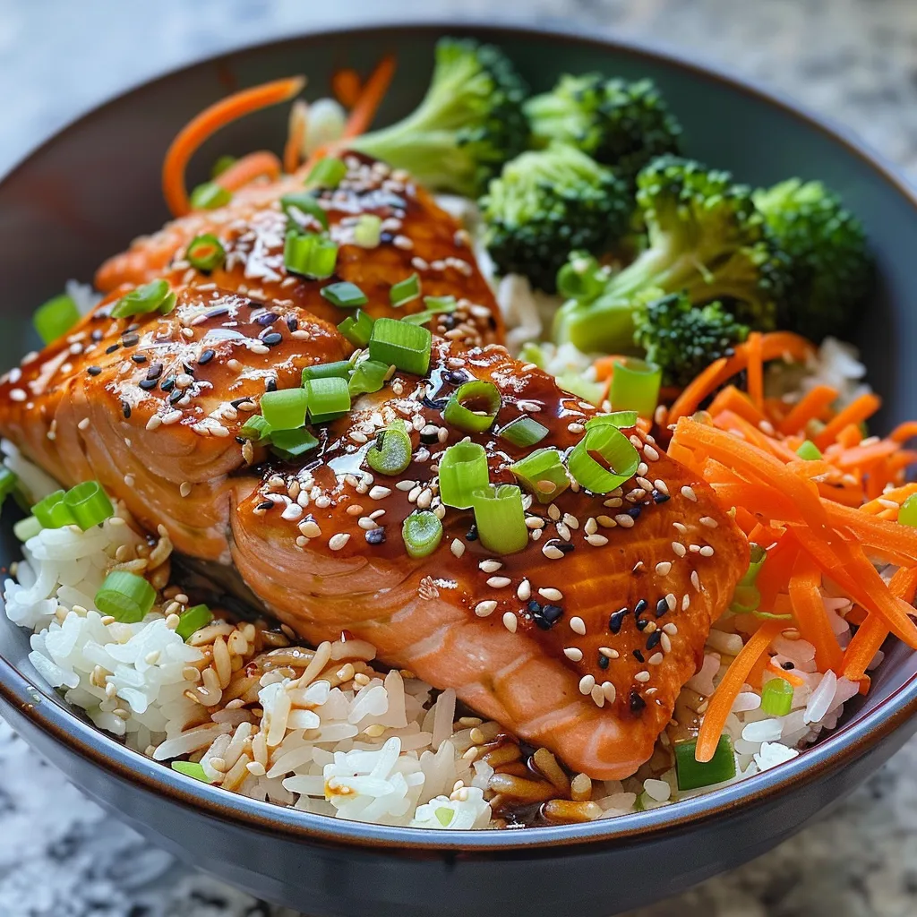 Close-up view of Teriyaki Salmon Rice Bowl with vibrant vegetables.
