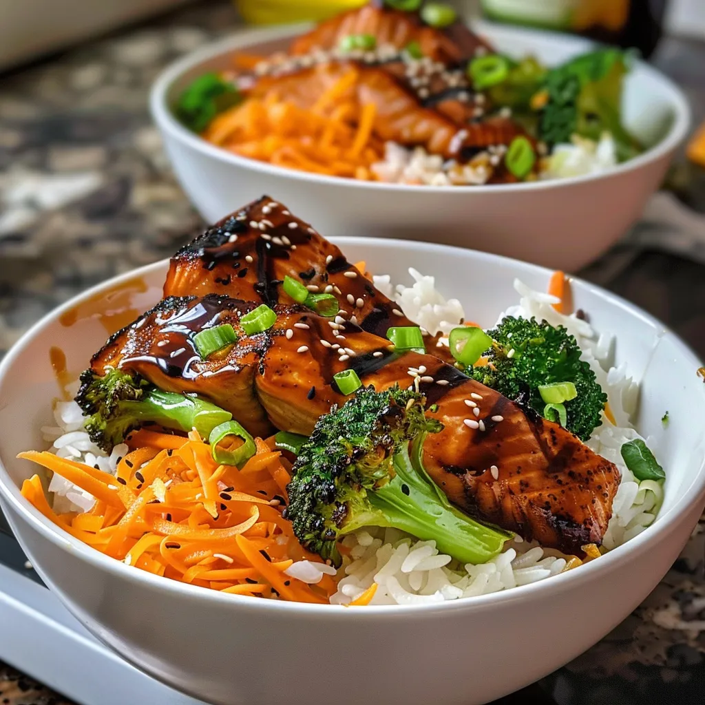 Juicy salmon fillet glazed with teriyaki sauce atop fluffy jasmine rice.