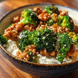 Detailed image of a Teriyaki Turkey Rice Bowl, showcasing turkey, broccoli, and rice.