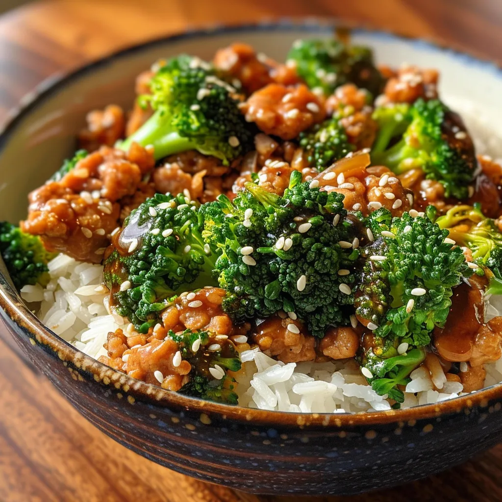 Detailed image of a Teriyaki Turkey Rice Bowl, showcasing turkey, broccoli, and rice.