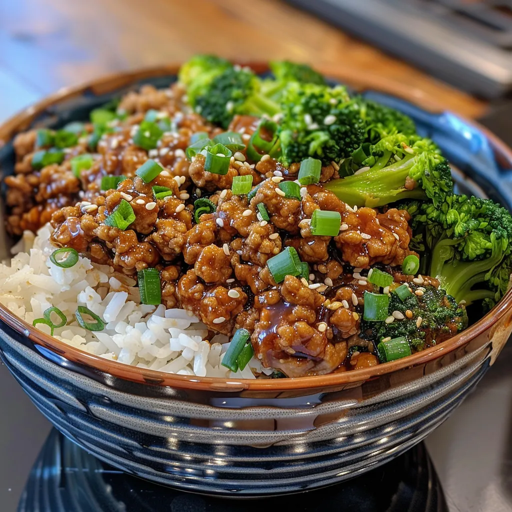 Colorful Teriyaki Turkey Rice Bowl highlighting ground turkey, broccoli, and rice.