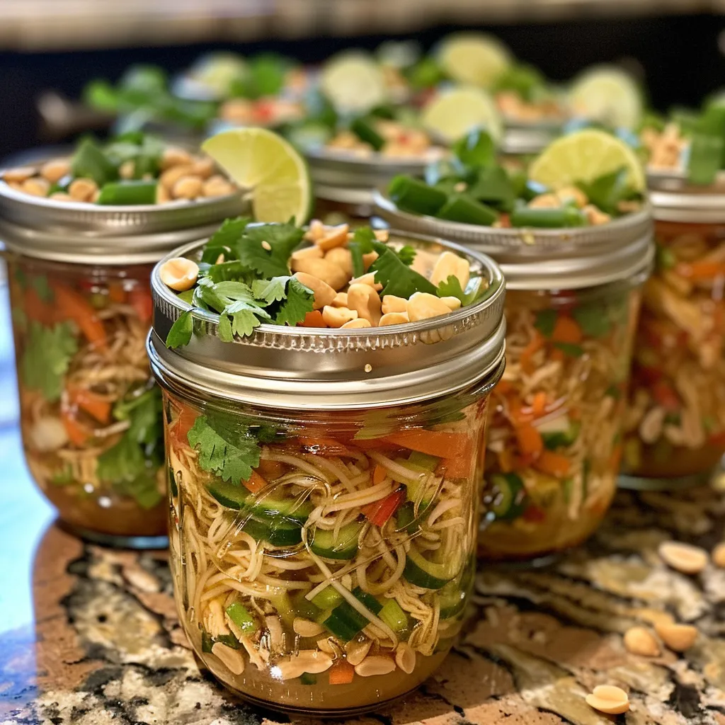 Detailed image of Thai peanut chicken noodle jar featuring sliced chicken, carrots, and cucumber in a clear container.