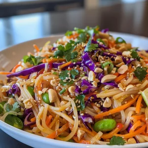 Close-up of a vibrant Thai Peanut Noodle Salad with colorful vegetables and noodles.