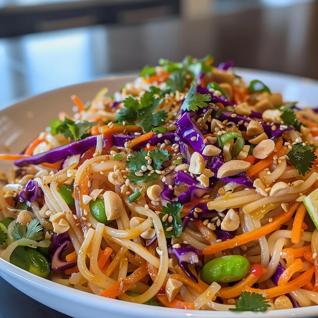 Close-up of a vibrant Thai Peanut Noodle Salad with colorful vegetables and noodles.