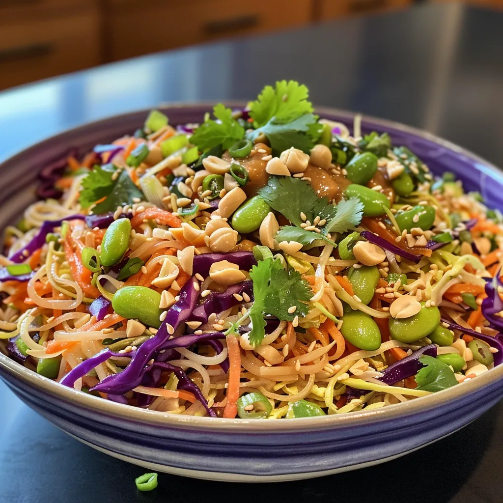 Side view of a delicious Thai Peanut Noodle Salad featuring rice noodles and fresh toppings.
