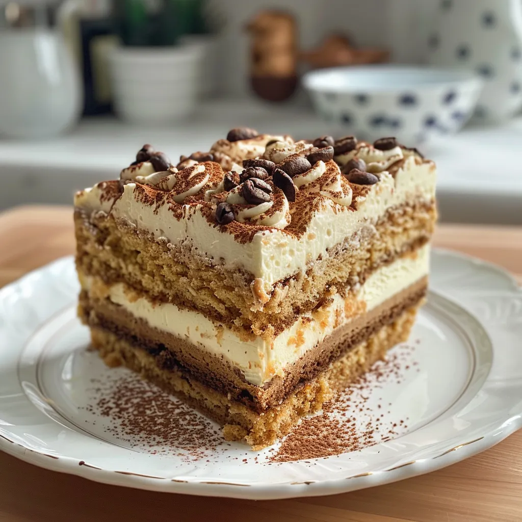 A detailed side image of Tiramisu Crunch Cake highlighting its rich color and creamy filling.