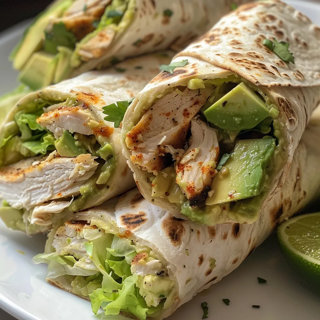 Close-up view of toasted chicken avocado wraps filled with fresh ingredients.