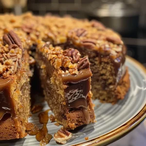 Side profile of an inviting Toffee Crunch Cake with visible toffee bits and nuts.