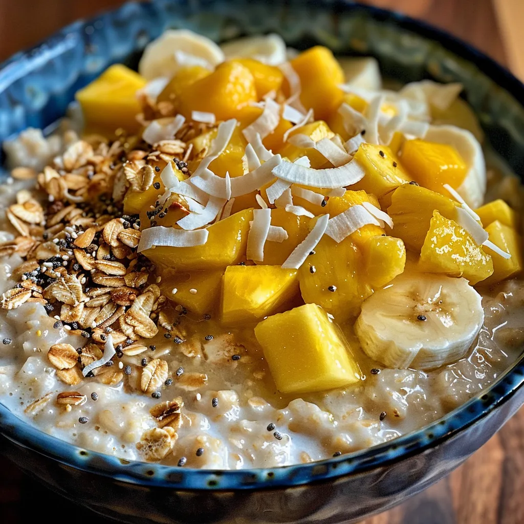 Close-up view of Tropical Coconut Oatmeal topped with fresh fruit and toasted coconut flakes.