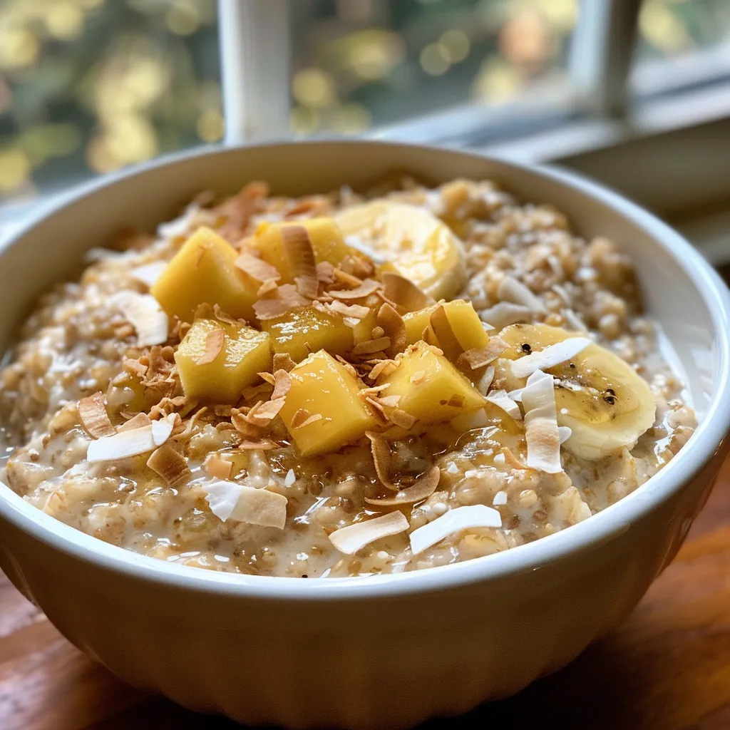 Side view of a bowl filled with creamy Tropical Coconut Oatmeal, garnished with mango, pineapple, and banana.