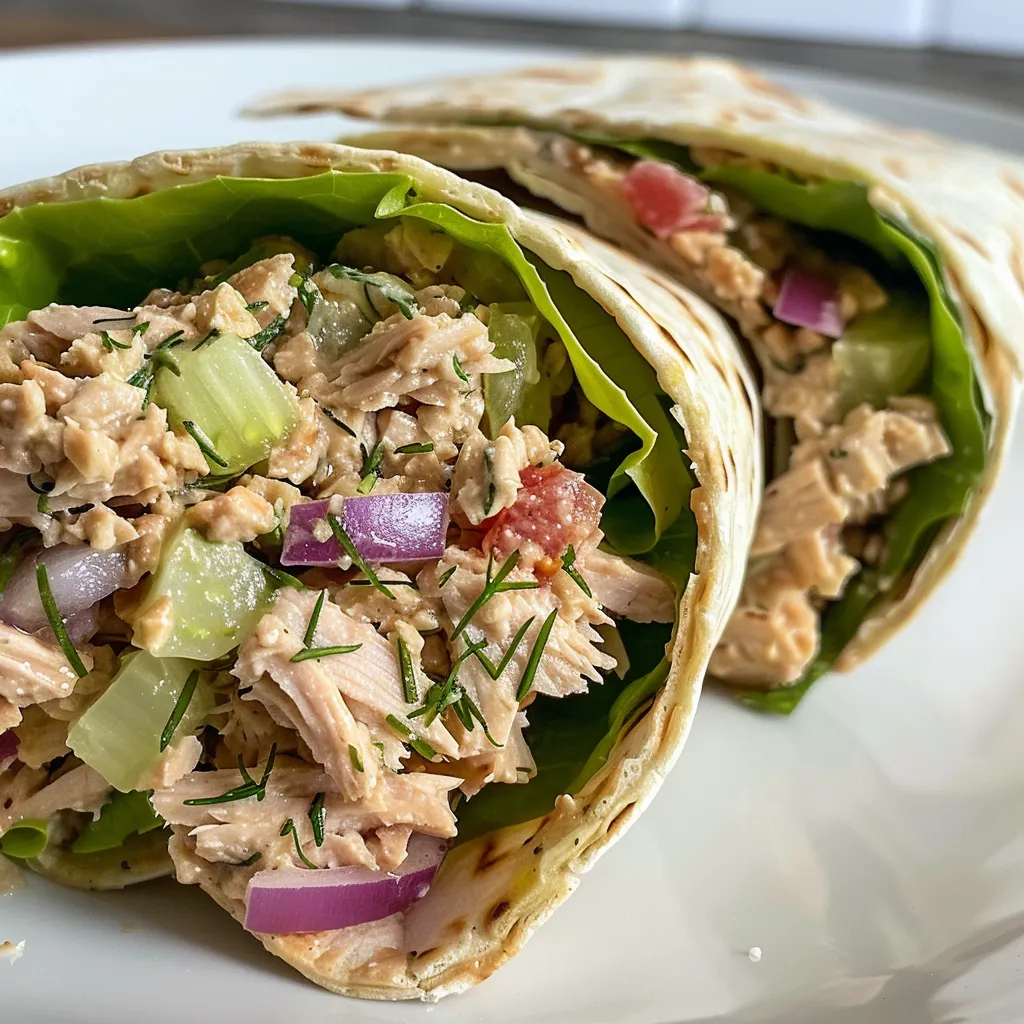 Side view of a delicious tuna wrap filled with colorful vegetables.