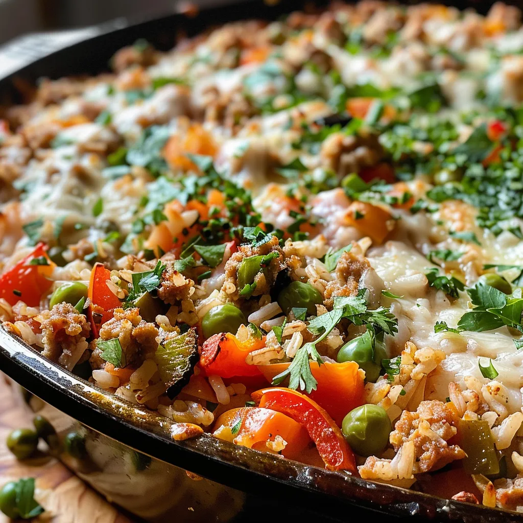 Detailed shot of a turkey casserole filled with rice, vegetables, and melted cheese.