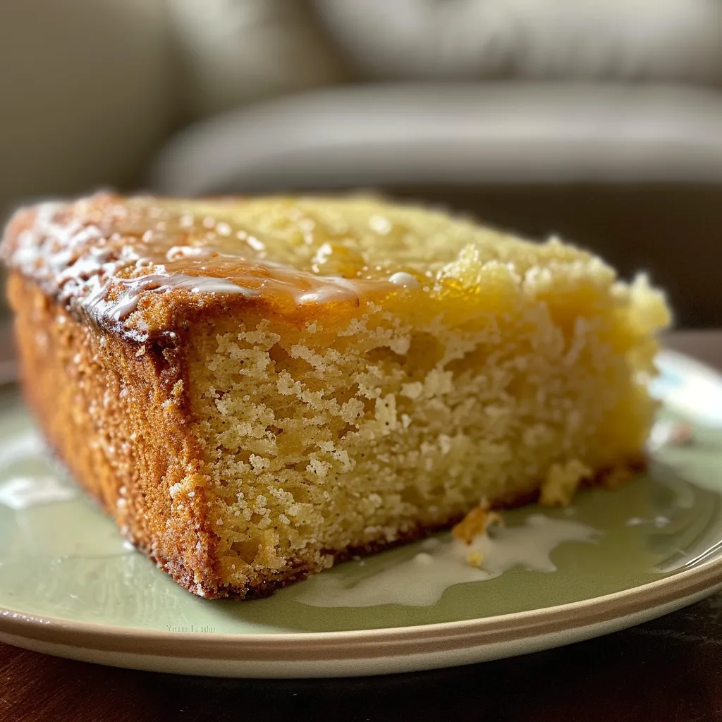 A detailed side view of a Vanilla Bean Tea Cake, highlighting the vanilla specks and creamy glaze.