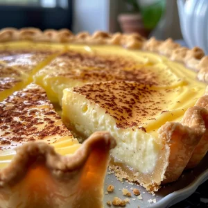 Side view of a golden-brown tart filled with rich custard, garnished with cardamom.