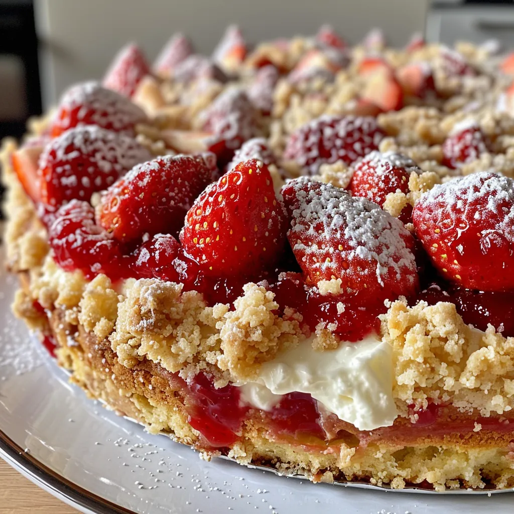 Delicious streusel buns with visible layers of cream and jam, beautifully presented on a plate.