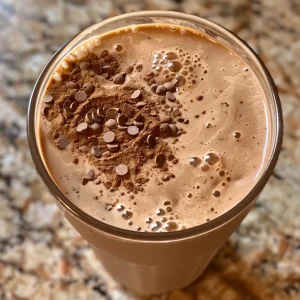 A delicious vegan banana protein shake in a glass, topped with a sprinkle of cocoa powder.