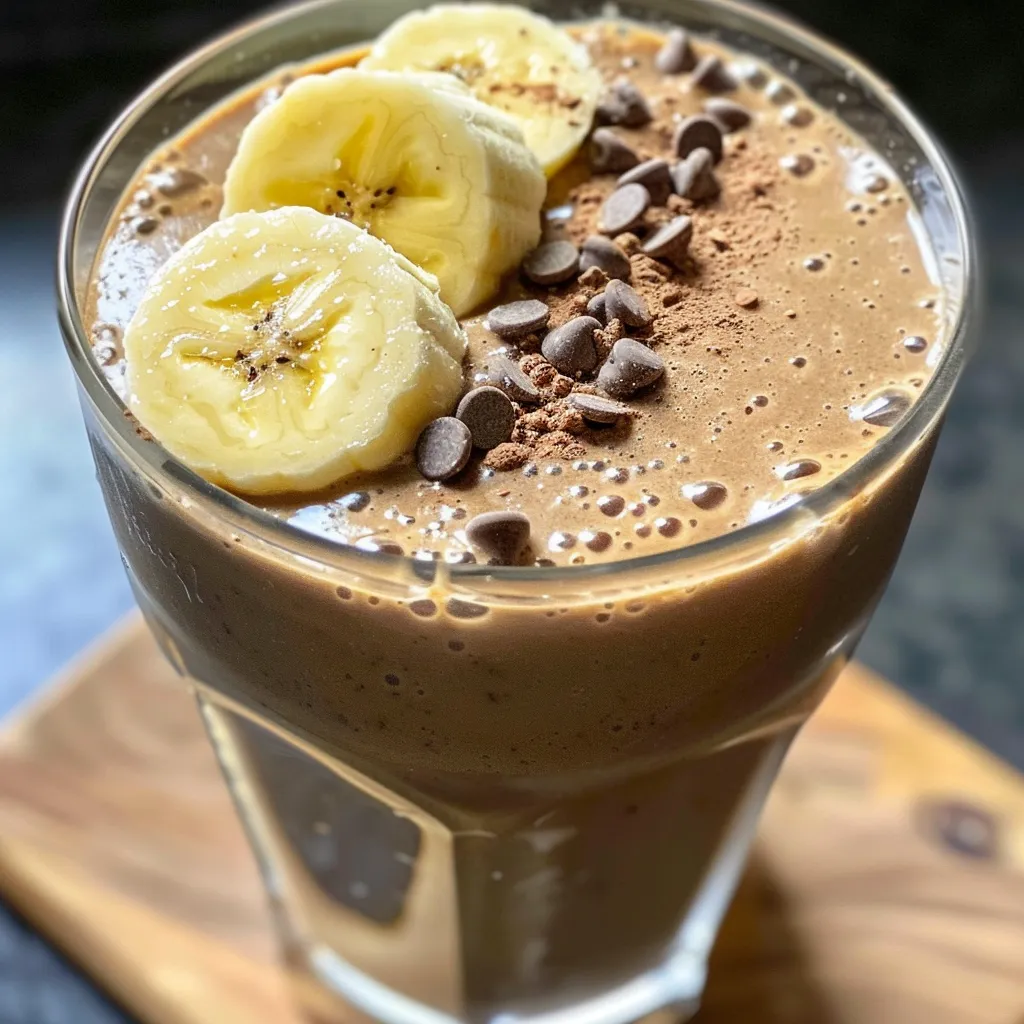 Close-up view of a creamy banana protein shake, showing its rich texture and color.