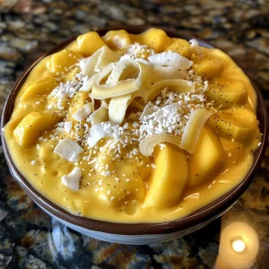 A close-up side view of a vibrant vegan mango smoothie bowl topped with fresh fruit and nuts.