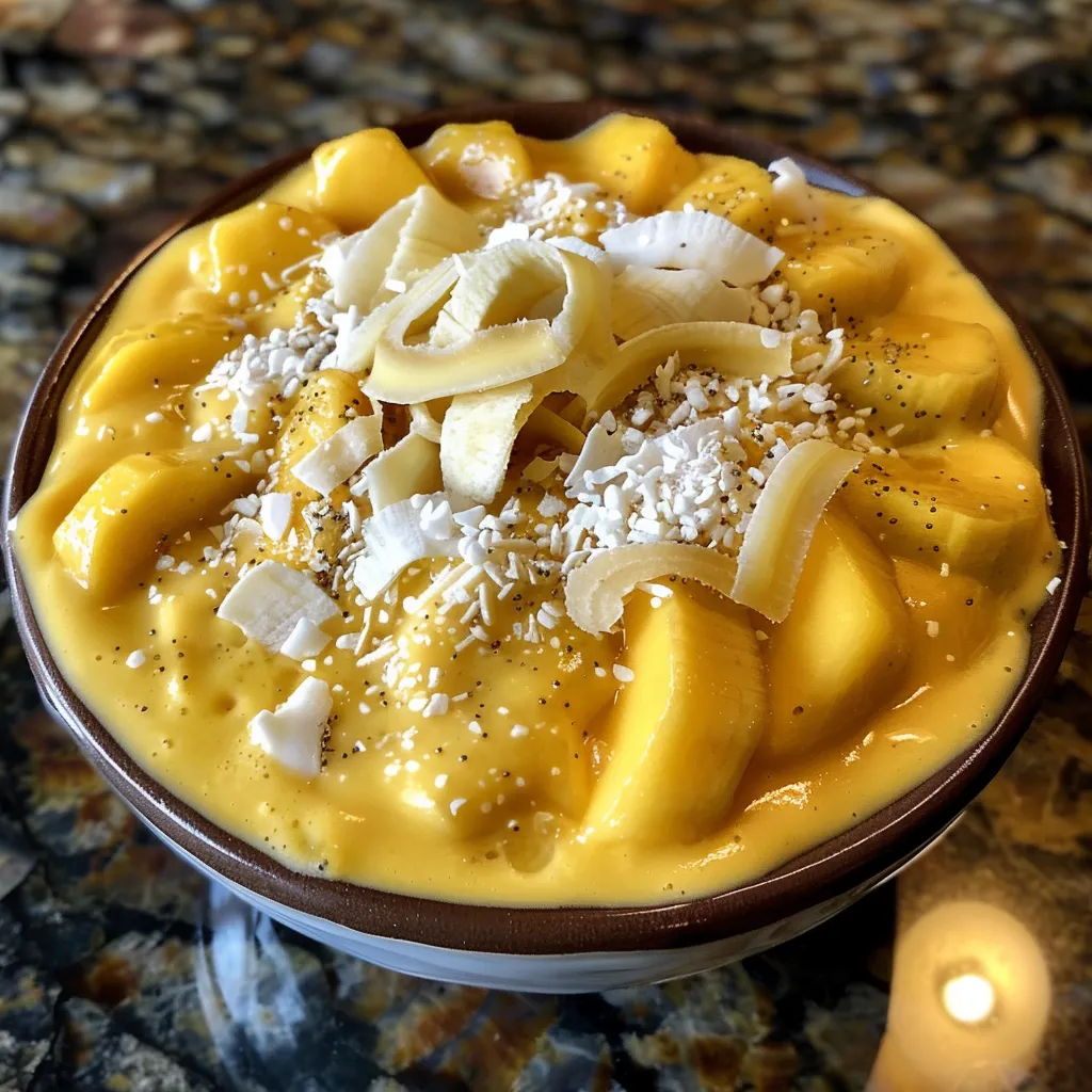 A close-up side view of a vibrant vegan mango smoothie bowl topped with fresh fruit and nuts.