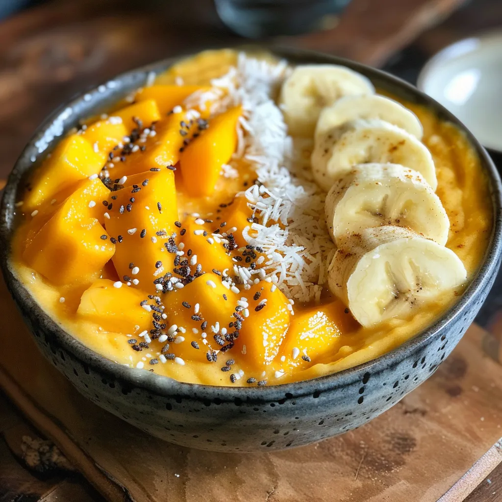 Side angle photo of a creamy mango smoothie bowl with bright yellow color and garnishes.