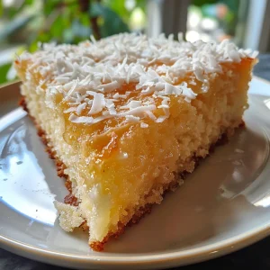 A side view of a Yogurt Coconut Cake, highlighting the layers and creamy appearance.