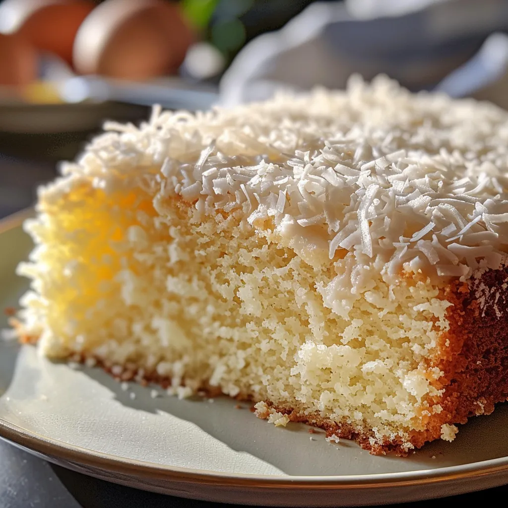 A close-up of a slice of Yogurt Coconut Cake adorned with finely shredded coconut.