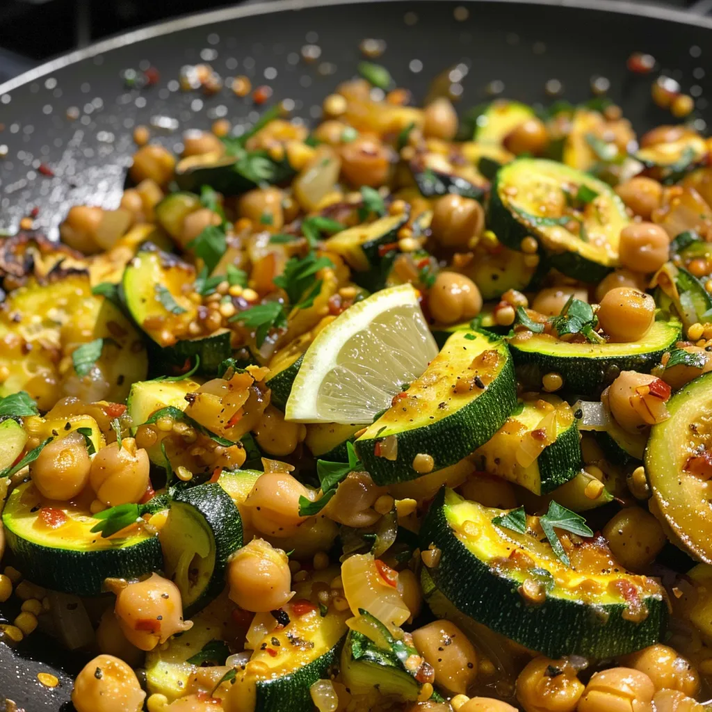 A colorful zucchini chickpea skillet with sautéed vegetables and herbs, viewed from the side.