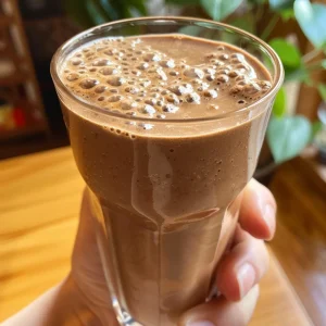Close-up of a chocolate banana protein shake in a clear glass, topped with a slice of banana.