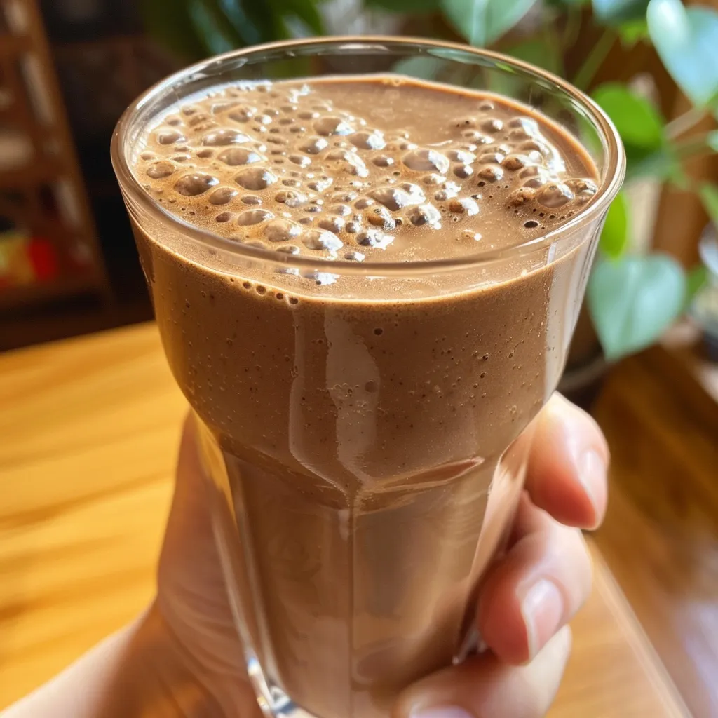 Close-up of a chocolate banana protein shake in a clear glass, topped with a slice of banana.