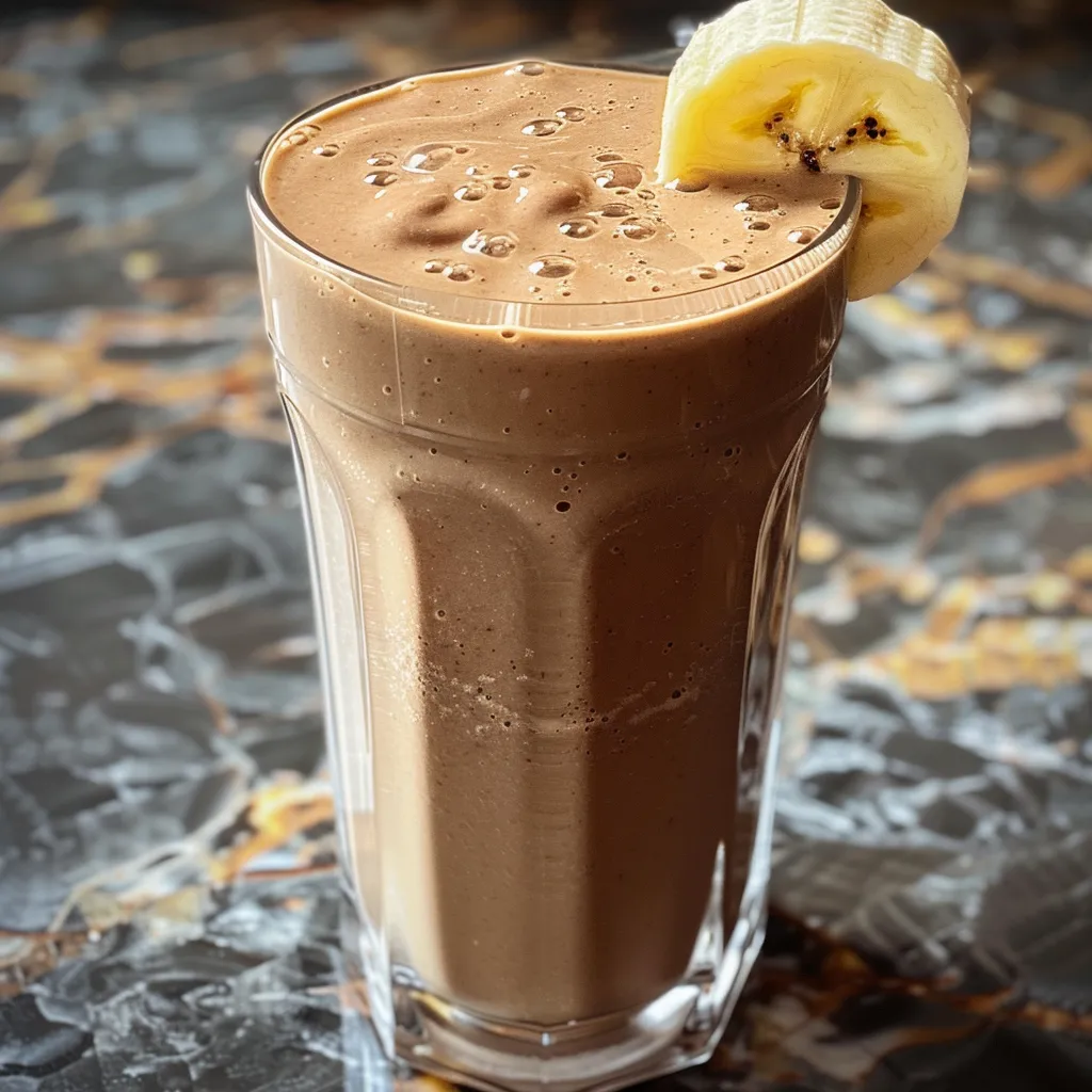 A delicious protein shake featuring chocolate and banana, seen from the side, with a creamy texture.