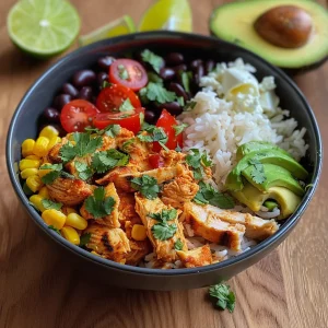 Close-up view of a colorful Spicy Chicken Burrito Bowl with vibrant toppings.