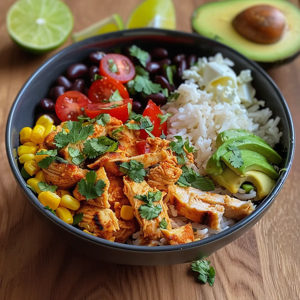 Close-up view of a colorful Spicy Chicken Burrito Bowl with vibrant toppings.