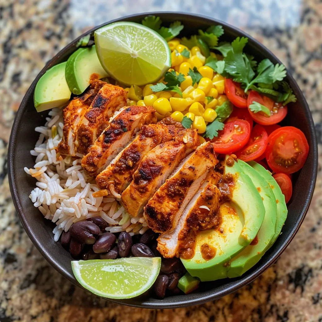 Side view of a delicious Spicy Chicken Burrito Bowl featuring chicken, rice, and fresh vegetables.
